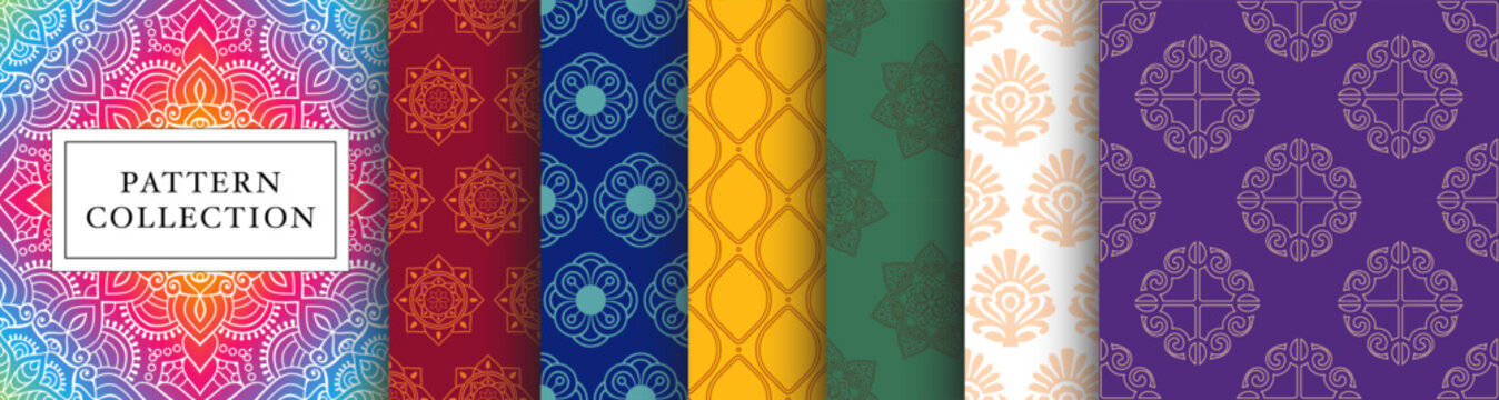 Collection of Indian Seamless Patterns. Decorative set of hindu graphics for textiles, apparel, backgrounds. Inspired by culture and art in India. 