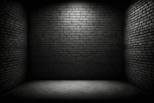 Empty space of Studio dark room black brick wall grunge texture background. Generative AI