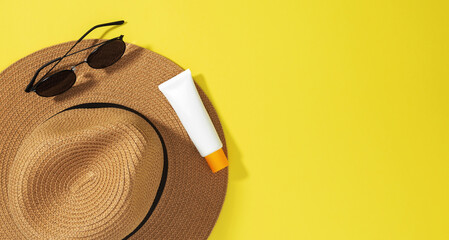 Things for beach sunscreens, hat and sunglasses. Safe exposure to sun. Skin Cancer Awareness Month...