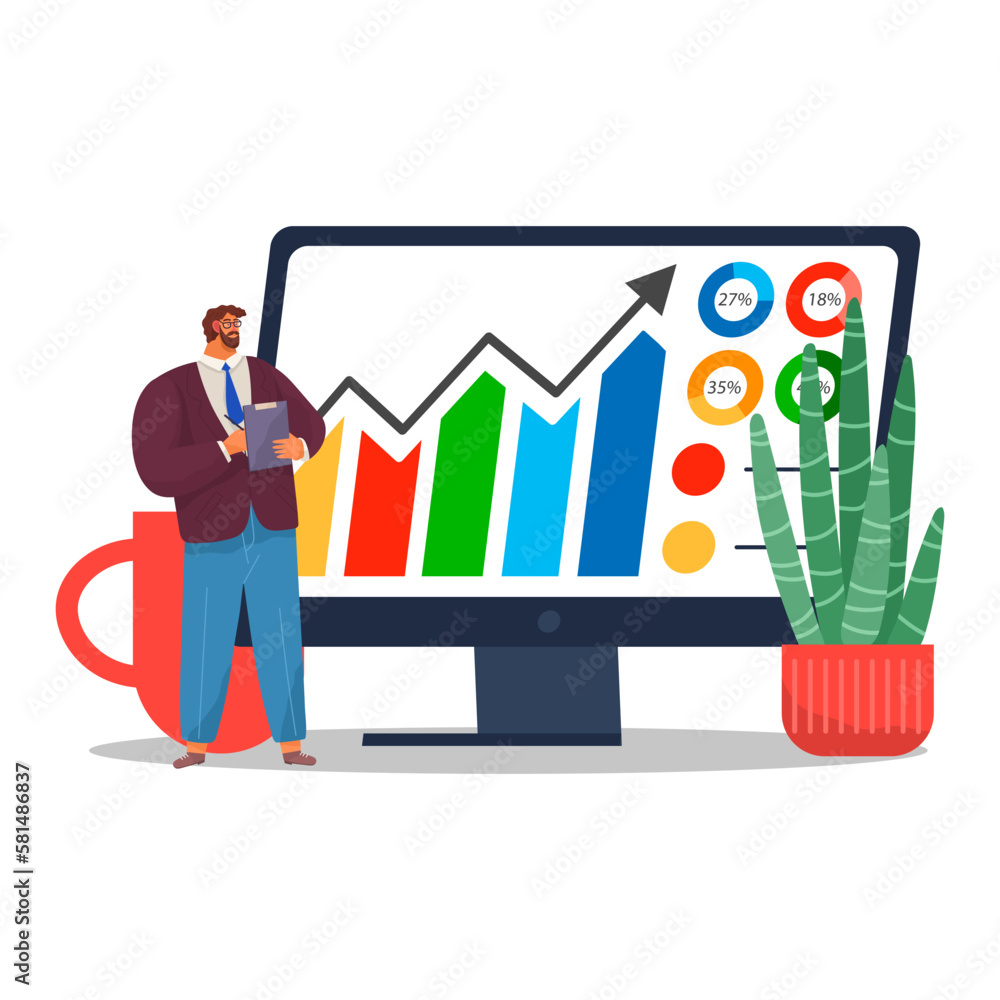 Poster manager testing and analyzing graph reports, business targets, company success at rate scale chart. 