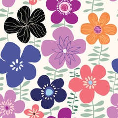 Abstract seamless pattern with flowers, doodle shapes, modern design, vector