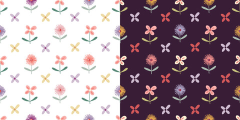 Floral seamless patterns set with colorful flowers, decorative backgrounds