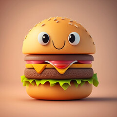 3D Cartoon Burger Character with Smiling Face and Eyes generative ai