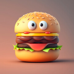 3D Cartoon Burger Character with Smiling Face and Eyes generative ai