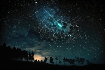 Fototapeta premium Perseid Meteor Shower. Falling Star at Dark Sky. Night of Shooting Stars. Generative AI
