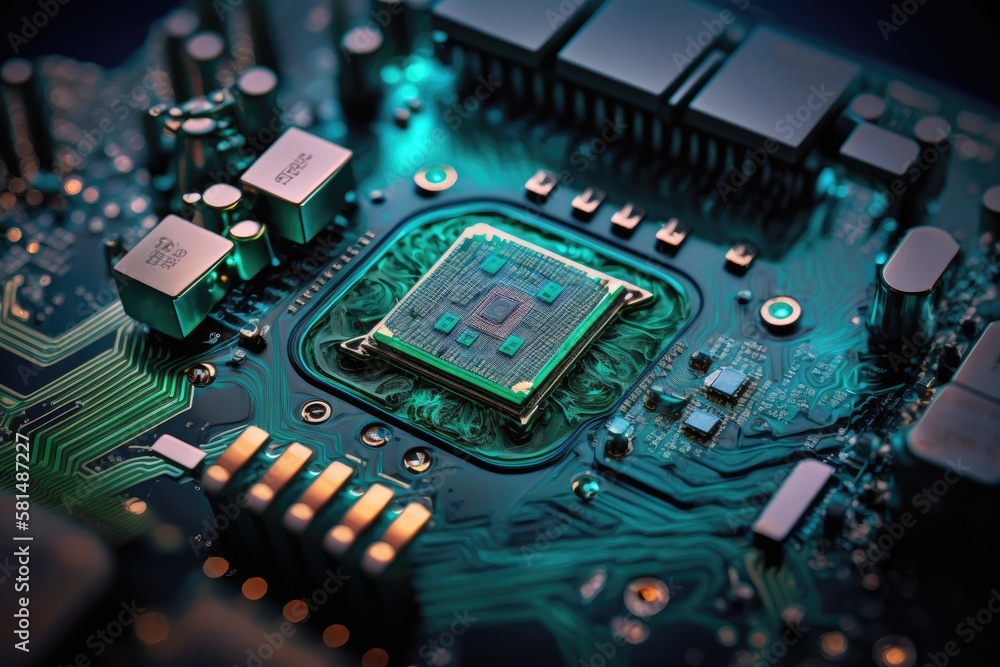 Poster macro photography of an electrical device's motherboard, printed circuit board, or processor cyberse