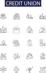 Credit union line vector icons and signs. Union, Financial, Banking, Services, Cooperative, ATM, Checking, Savings outline vector illustration set