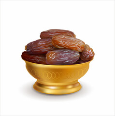 Golden bowl with dried dates isolated on white. Traditional food for Ramadan fasting. Sweet dish for Iflar party. Vector illustration.
