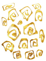 ゴールドに輝く水彩の渦模様・抽象的な毛筆・ブラシストローク透明背景