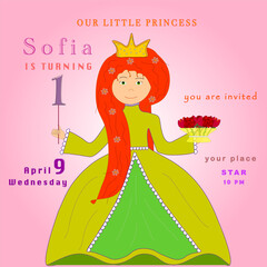 Kids birthday party invitation card with cute little princess with long red hair in green dress and flowers on a pink background. Editable vector illustration with sample text