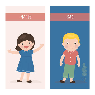 Opposite adjectives explanation cards, Happy and Sad. Word card for language learning. Funny kids with good and bad mood. Emotions of children. Flashcard with antonyms for children