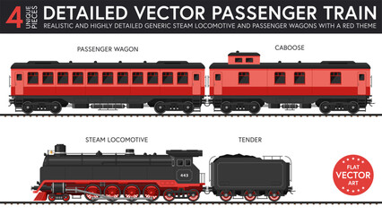 Highly detailed flat vector illustration of a set of generic passenger train parts with late steam era style. 4 unique pieces of equipment. Graphical resources. © David