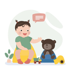 Small caucasian child sits on a potty and play with teddy bear. Cute baby pees and poops. Cartoon little girl sitting on the toilet. Kid character, infant in lavatory.