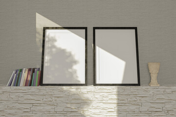 Two black thin framed poster mockups hollow