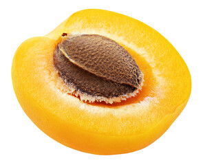 Apricot half or yellow plum with kernel isolated on transparent background. Apricot half and seed