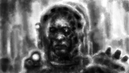 Astronaut in helmet explores dark. Space marine in armor suit. Science fiction 2D illustration. Special forces. Original male character. Evil soldier future. Freehand digital drawing. Coal and noise.