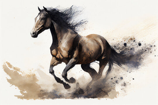 Watercolour abstract animal painting of an isolated brown horse running through dust and sand which could be used as a poster or flyer, computer Generative AI stock illustration image