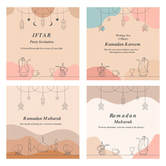 Ramadan Greeting Card for Template media banner, poster, and social media post collection. Modern beautiful design in pastel colors with mosque, moon crescent, lantern, teapot line vector illustration