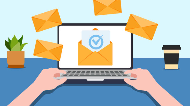 first person view of the workspace with a laptop and lots of emails. concept a lot of work