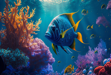 Fototapeta na wymiar Underwater Scene With Coral Reef And Tropical Fishes Illustration, Generative AI