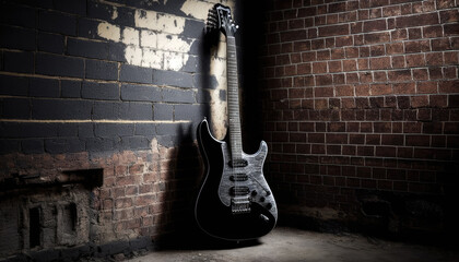 Fototapeta na wymiar Black Electric Guitar Against Brick Wall with Dramatic Spotlight and Space for Text (created with Generative AI)