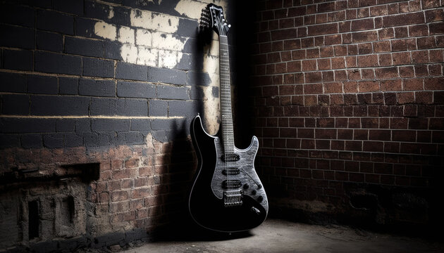 Black Electric Guitar Against Brick Wall with Dramatic Spotlight and Space for Text (created with Generative AI)