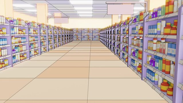 Cartoon pictures render supermarket animation. 3d rendering camera slide