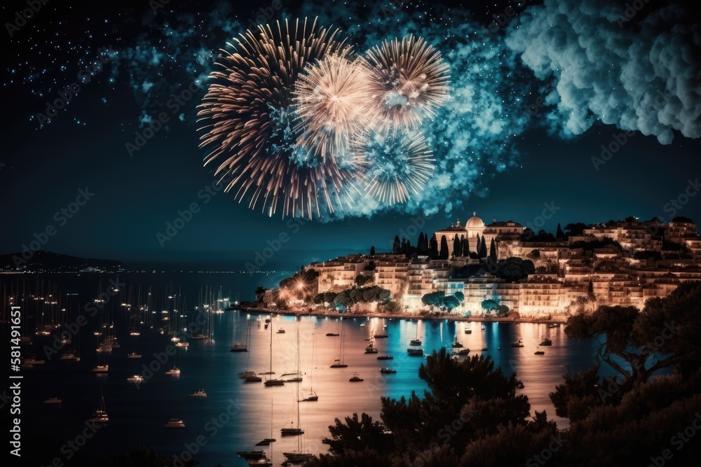 Sticker Beautiful fireworks illuminating the night sky for the July Fourth celebrations in Cannes, France's Cote d'Azur. Generative AI