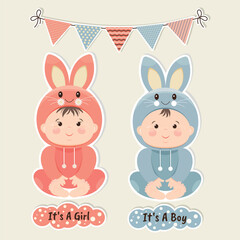 Kids. A girl and a boy in a bunny costume. Vector illustration