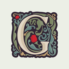 G letter illuminated initial with curve leaf ornament and tulips. Medieval dim colored fancy drop cap logo.
