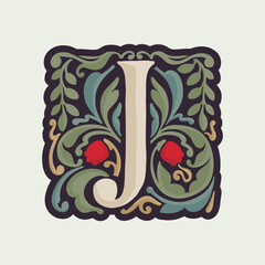 J letter illuminated initial with curve leaf ornament and tulips. Medieval dim colored fancy drop cap logo. - obrazy, fototapety, plakaty