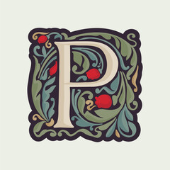 P letter illuminated initial with curve leaf ornament and tulips. Medieval dim colored fancy drop cap logo. - obrazy, fototapety, plakaty