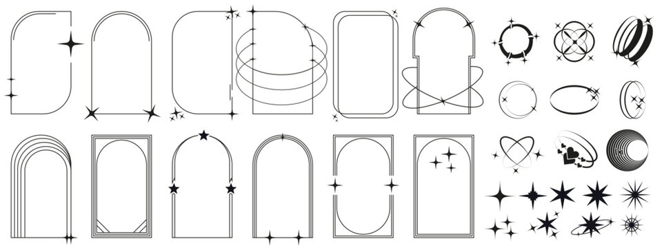 Aesthetic y2k geometric shapes with stars. Arch frame with sparkles for social media. Simple trendy frames isolated on white background. Vector illustration 