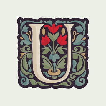 U letter illuminated initial with curve leaf ornament and tulips. Medieval dim colored fancy drop cap logo.