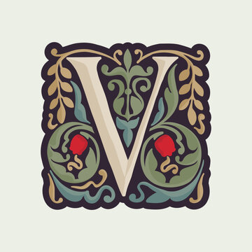V letter illuminated initial with curve leaf ornament and tulips. Medieval dim colored fancy drop cap logo.