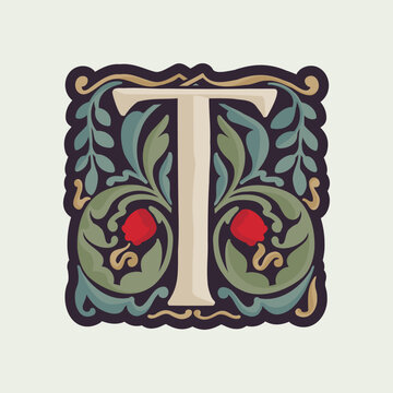 T letter illuminated initial with curve leaf ornament and tulips. Medieval dim colored fancy drop cap logo.