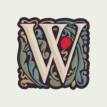 W letter illuminated initial with curve leaf ornament and tulips. Medieval dim colored fancy drop cap logo.