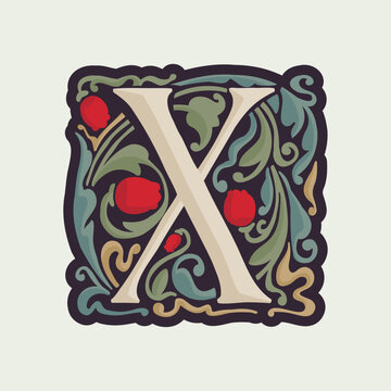X letter illuminated initial with curve leaf ornament and tulips. Medieval dim colored fancy drop cap logo.