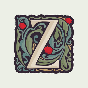 Z letter illuminated initial with curve leaf ornament and tulips. Medieval dim colored fancy drop cap logo.
