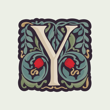 Y letter illuminated initial with curve leaf ornament and tulips. Medieval dim colored fancy drop cap logo.
