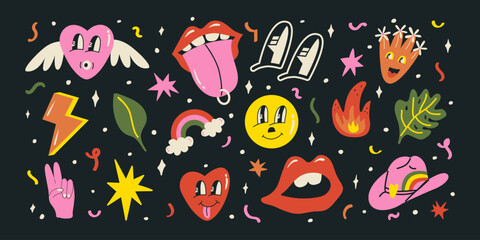Naklejka premium Groovy hippie set. Funny cartoon flower, rainbow, star, peace, stetson, Love, heart, daisy. Elements collection in trendy 70s retro cartoon style. Vector illustration.
