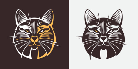 Cat or lynx head retro engraved emblem. © kaer_fstock