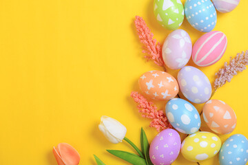 Happy Easter holiday greeting card design concept. Colorful Easter Eggs and spring flowers on yellow background. Flat lay, top view, copy space.