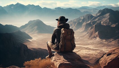 A person sitting on a mountaintop with a view of the valley below Generative AI
