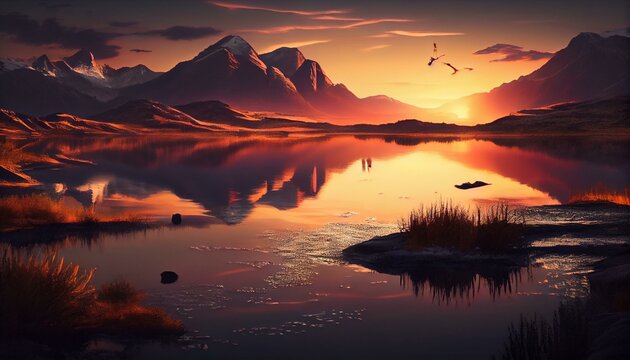 1. A peaceful sunset over a calm lake with mountains in the background Generative AI