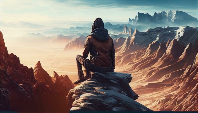 A person sitting on a mountaintop with a view of the valley below Generative AI