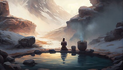 A person meditating in a hot spring in the mountains Generative AI