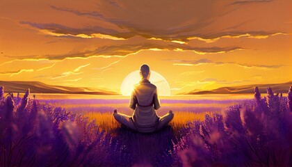 A person meditating in a field of lavender with a sunset in the background Generative AI