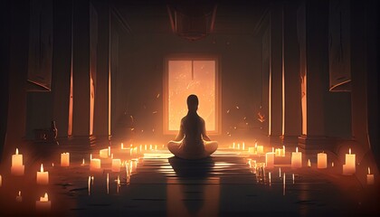 A person meditating in a yoga studio with candles and soft lighting Generative AI
