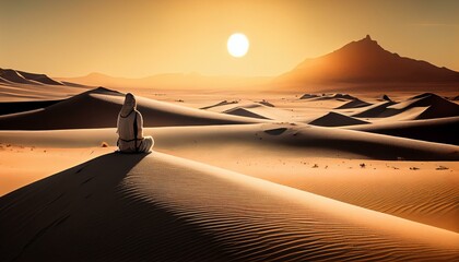Fototapeta na wymiar A person meditating in a desert with sand dunes and a bright sun Generative AI